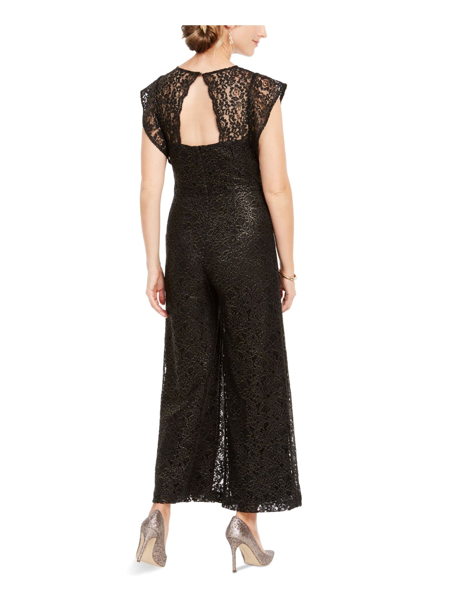 Donna Women's Ricco New York Lace Floral Short Sleeve Illusion Neckline Capri Jumpsuit Black Size 6