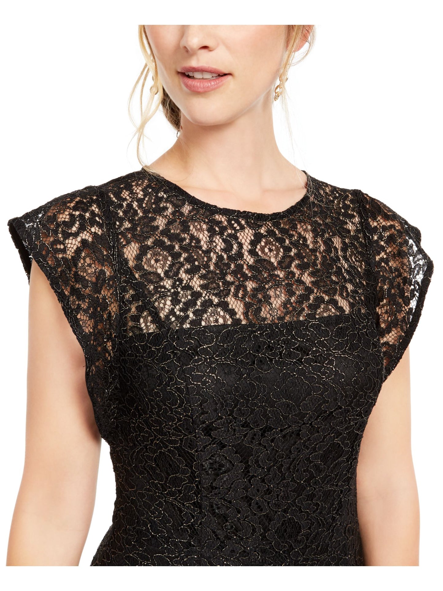 Donna Women's Ricco New York Lace Floral Short Sleeve Illusion Neckline Capri Jumpsuit Black Size 6