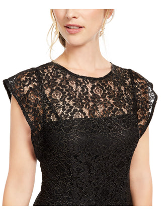 Donna Women's Ricco New York Lace Floral Short Sleeve Illusion Neckline Capri Jumpsuit Black Size 6