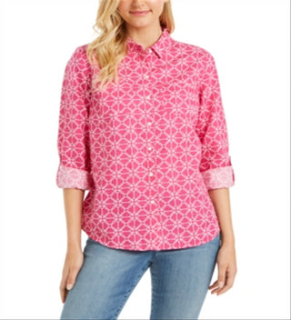 Charter Club Women's Printed TabSleeve Shirt Pink Size X-Small