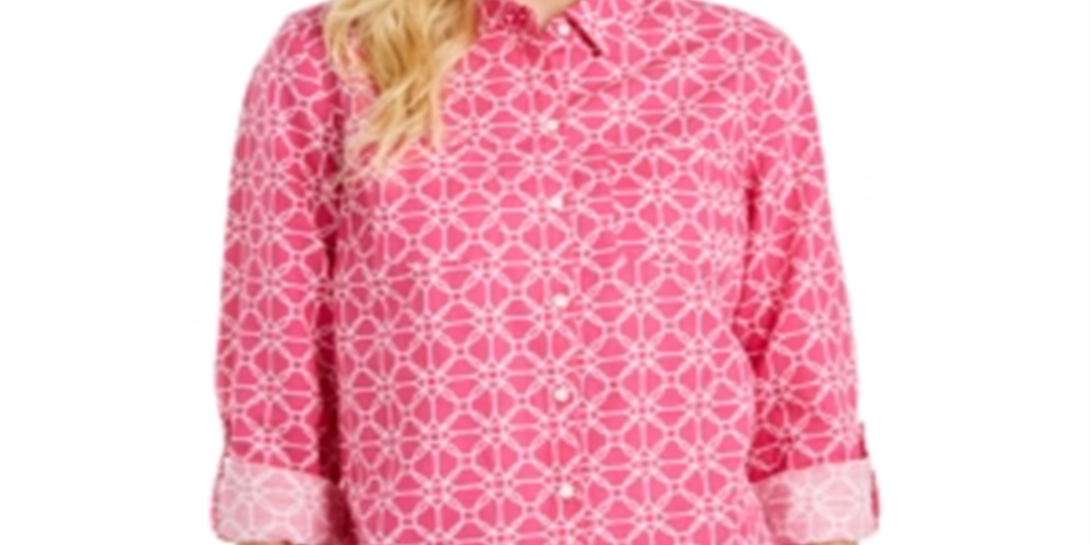Charter Club Women's Printed TabSleeve Shirt Pink Size X-Small