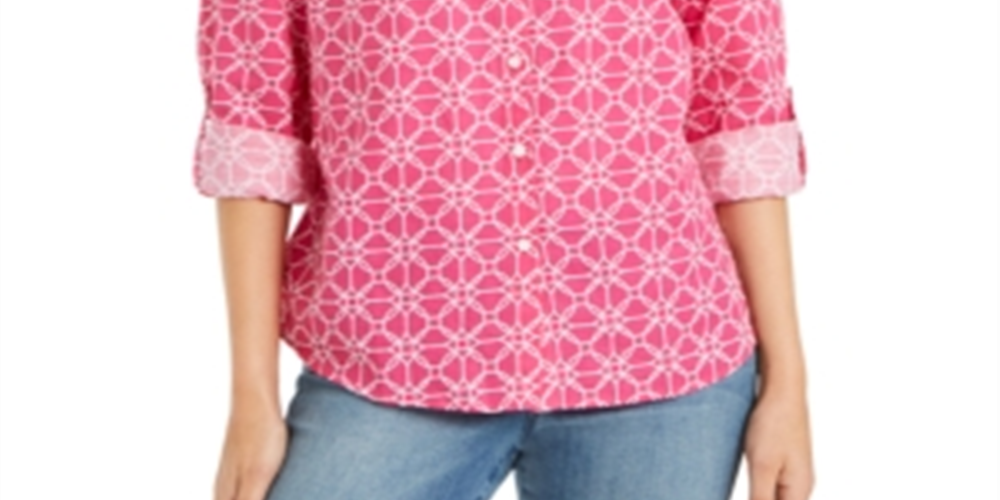 Charter Club Women's Printed TabSleeve Shirt Pink Size X-Small