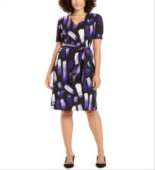 Alfani Women's Printed Tie Waist Dress Purple Size Petite L