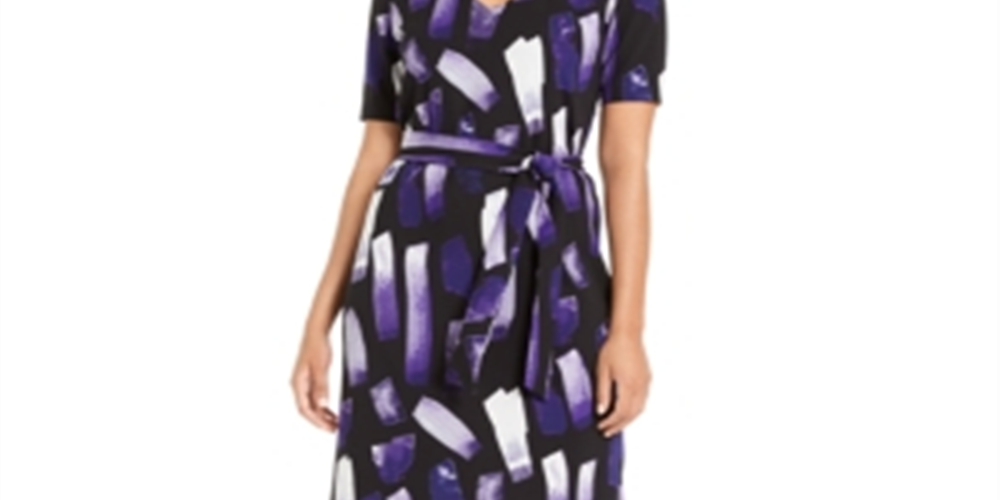 Alfani Women's Printed Tie Waist Dress Purple Size Petite L