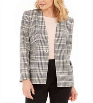 Calvin Klein Women's Collarless Plaid Blazer Pink Size 16