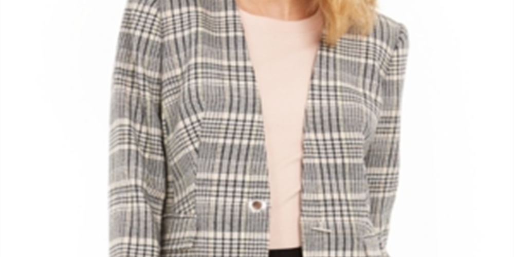 Calvin Klein Women's Collarless Plaid Blazer Pink Size 16