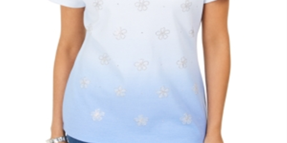 Karen Scott Women's Embellished Ombre T-Shirt Blue Size XX-Large