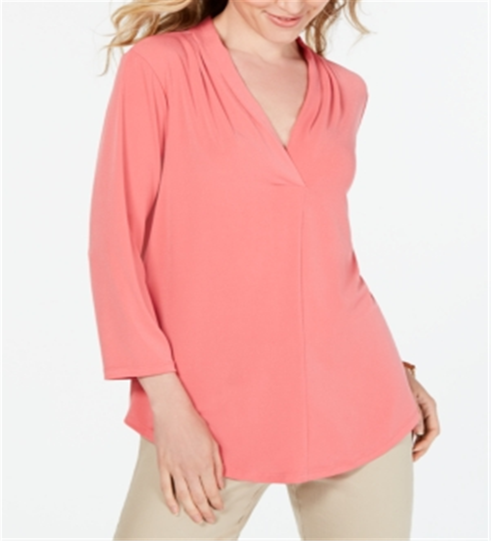 Charter Club Women's Pleat Neck 3/4 Sleeve Top Pink Size Petite Medium