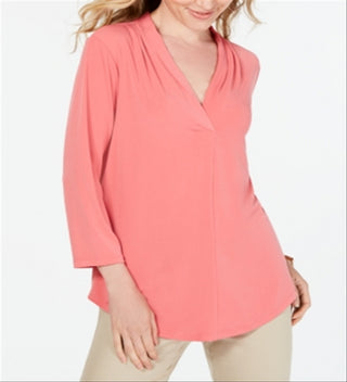 Charter Club Women's Pleat Neck 3/4 Sleeve Top Pink Size Petite Medium