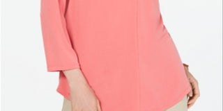 Charter Club Women's Pleat Neck 3/4 Sleeve Top Pink Size Petite Medium