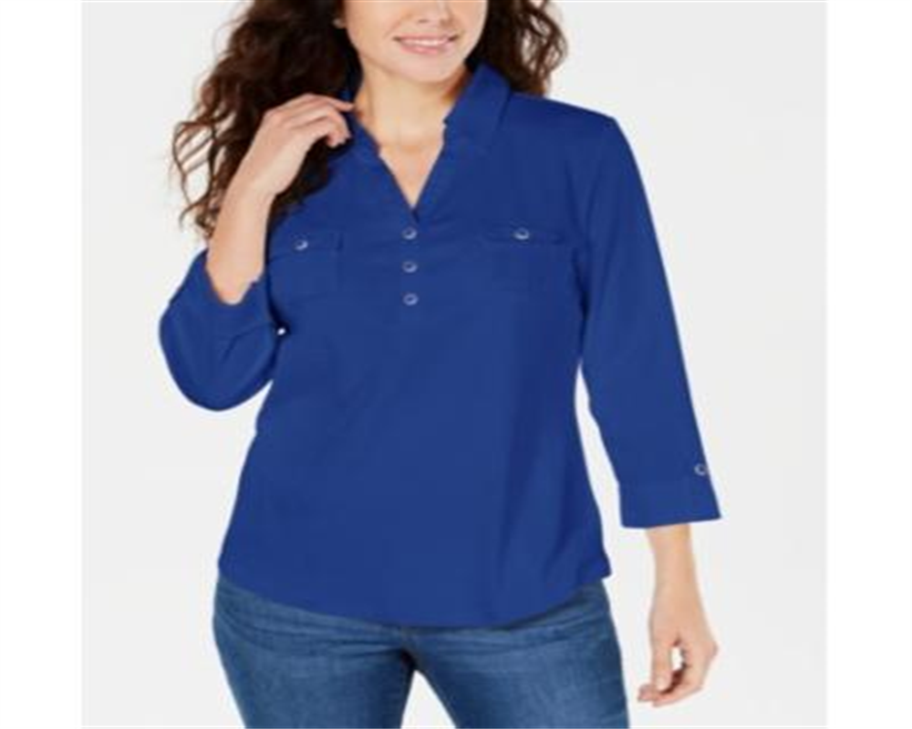 Karen Scott Women's Cotton Johnny Collar Utility Shirt Blue Size Large