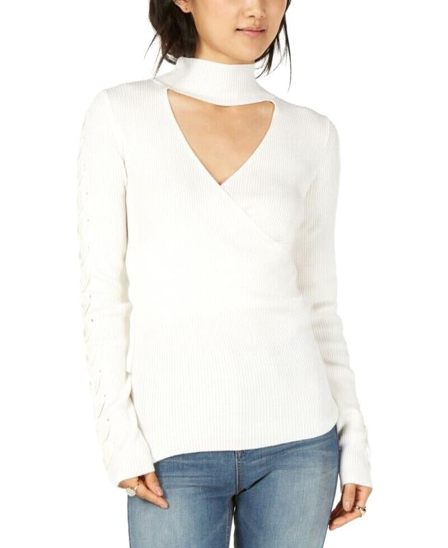 Hippie Rose Junior's Choker Neck Ribbed Sweater White Size M