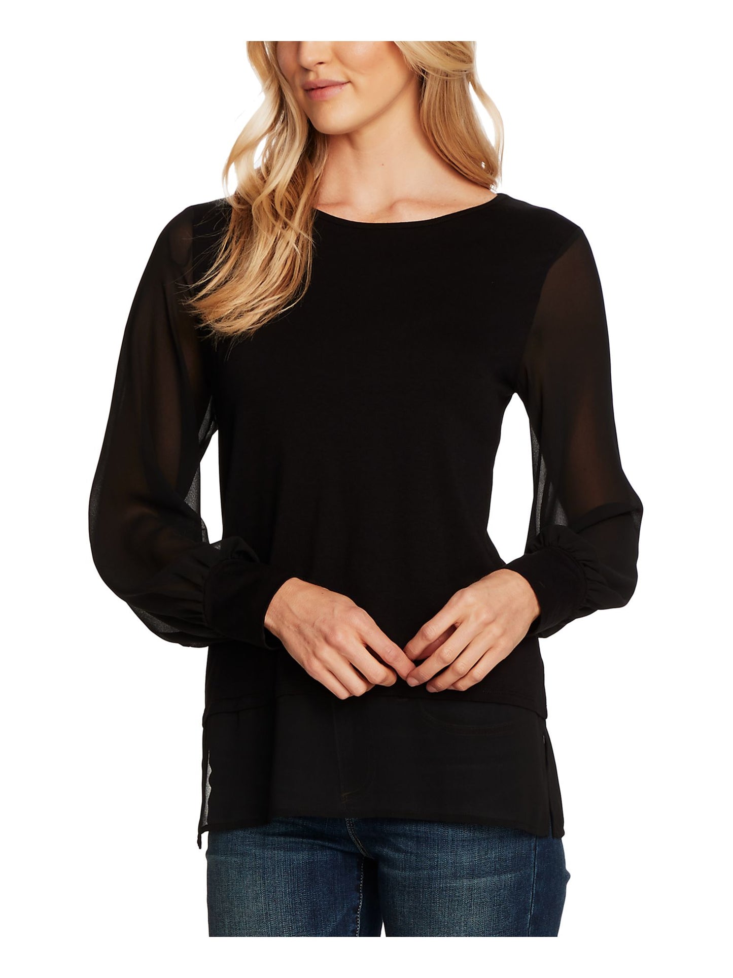 Vince Camuto Women's  Long Sleeve Jewel Neck Top Black Size Medium