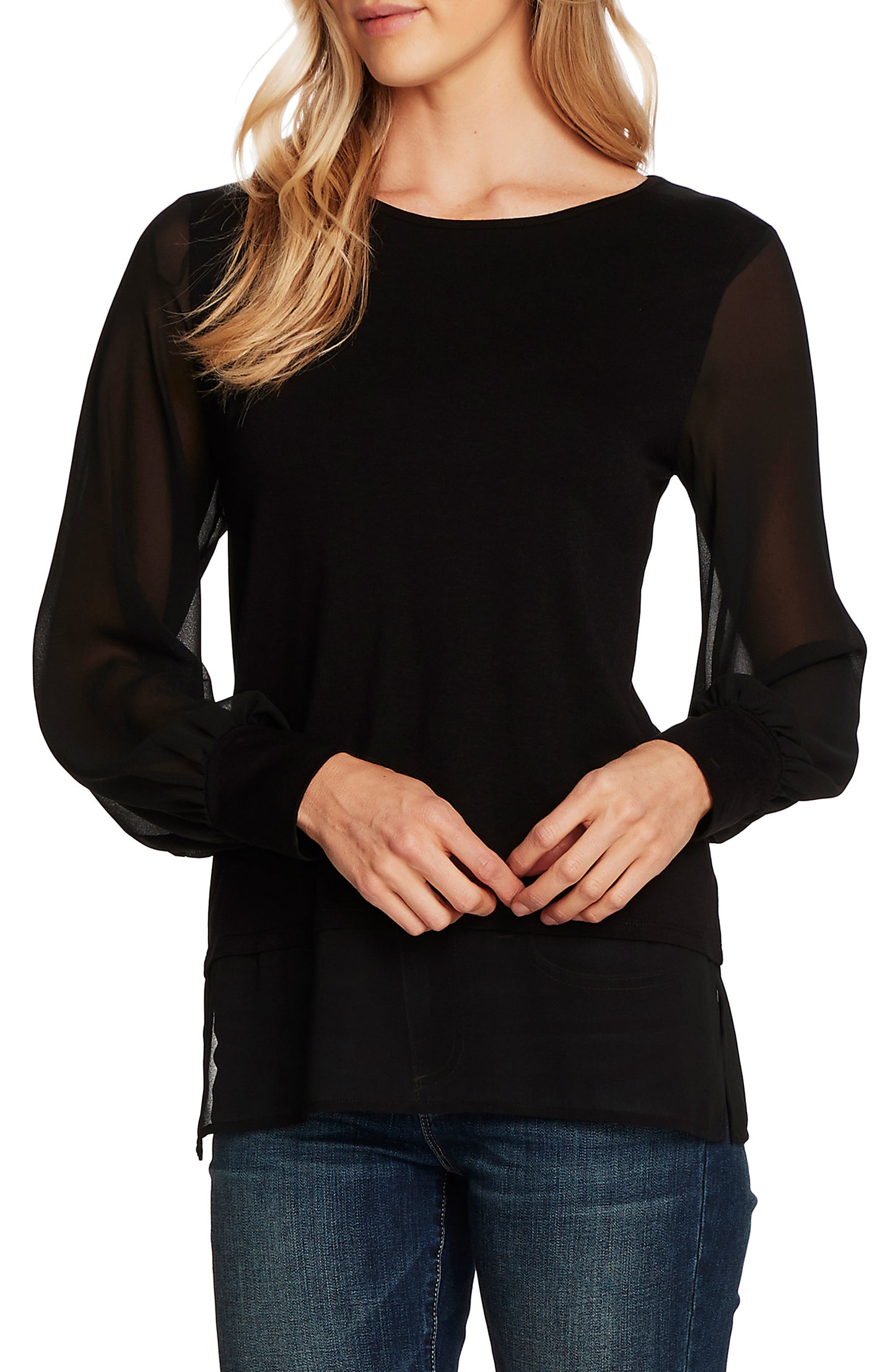 Vince Camuto Women's  Long Sleeve Jewel Neck Top Black Size Medium
