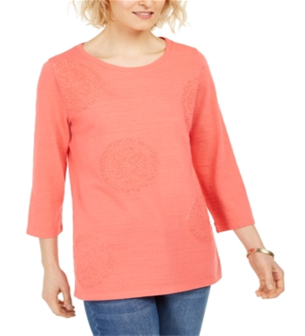 Charter Club Women's 3/4 Sleeve Printed Top Coral Size Medium