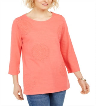 Charter Club Women's 3/4 Sleeve Printed Top Coral Size Medium