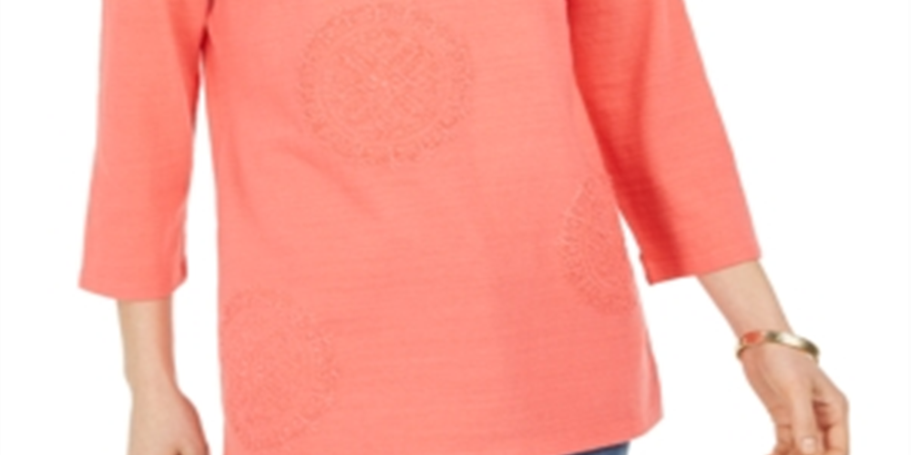 Charter Club Women's 3/4 Sleeve Printed Top Coral Size Medium