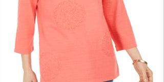 Charter Club Women's 3/4 Sleeve Printed Top Coral Size Medium