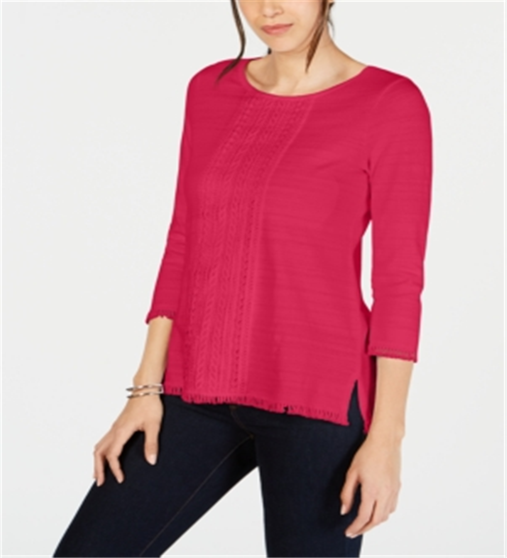 Charter Club Women's Cotton Lace Trim Top Pure Pink Size Petite Small