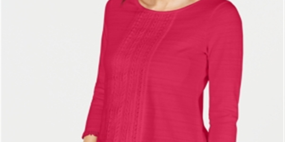 Charter Club Women's Cotton Lace Trim Top Pure Pink Size Petite Small