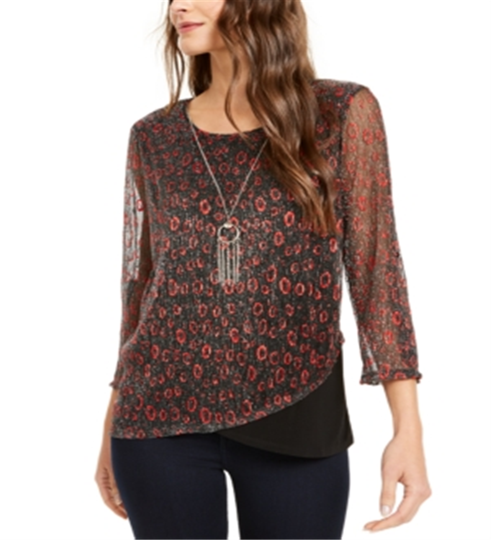 NY Collection Women's Metallic Asymmetrical Hem Necklace Top Red Size Petite Small