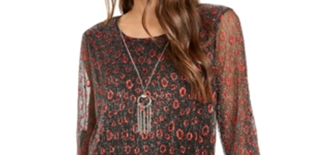 NY Collection Women's Metallic Asymmetrical Hem Necklace Top Red Size Petite Small