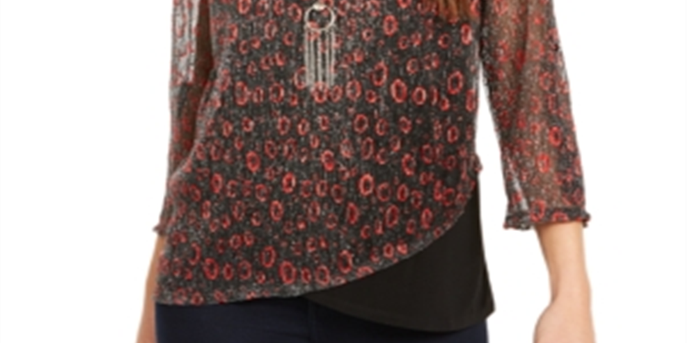 NY Collection Women's Metallic Asymmetrical Hem Necklace Top Red Size Petite Small