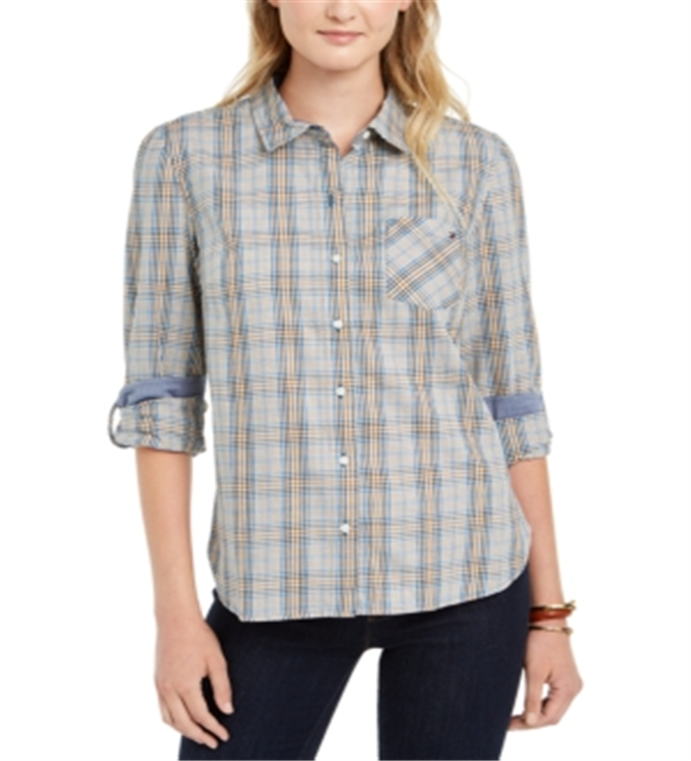 Tommy Hilfiger Women's Plaid Utility Shirt Blue Size X-Small