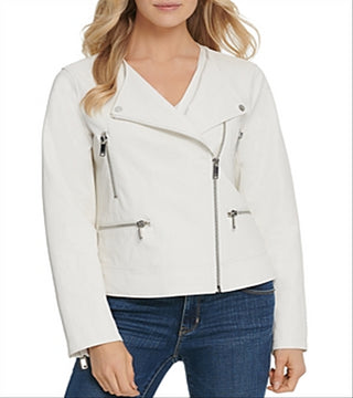 DKNY Women's Faux Leather Motorcycle Jacket White Size Medium