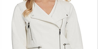 DKNY Women's Faux Leather Motorcycle Jacket White Size Medium