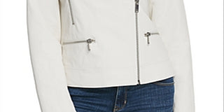 DKNY Women's Faux Leather Motorcycle Jacket White Size Medium