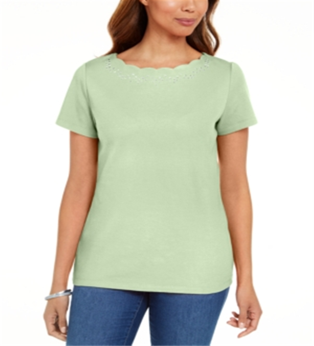 Karen Scott Women's Cotton Scalloped Neck T-Shirt Green Size Medium