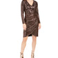 Nightway Women's Sequined Long Sleeve V Neck Knee Length Tulip Cocktail Dress Brown Size 4