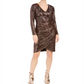 Nightway Women's Sequined Long Sleeve V Neck Knee Length Tulip Cocktail Dress Brown Size 4