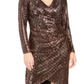 Nightway Women's Sequined Long Sleeve V Neck Knee Length Tulip Cocktail Dress Brown Size 4