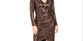 Nightway Women's Sequined Long Sleeve V Neck Knee Length Tulip Cocktail Dress Brown Size 4