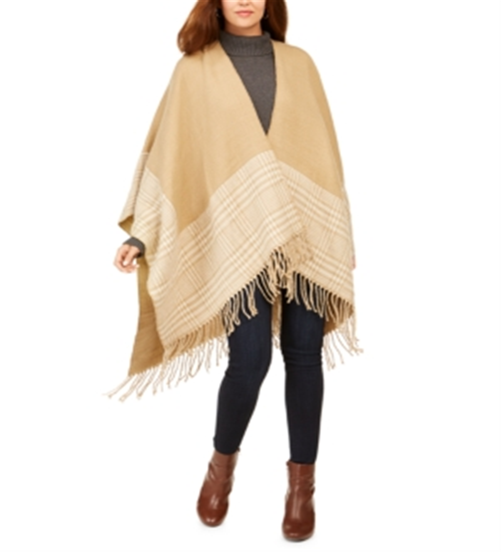Charter Club Women's Reversible Plaid Colorblocked Topper Scarf  Brown One Size