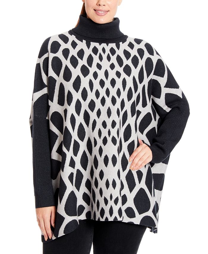 Joseph A Women's Plus Abstract Turtleneck Poncho Gray Size 2X