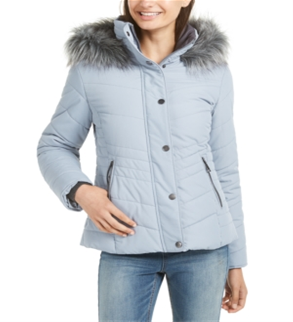 Maralyn & Me Junior's Faux Fur Trim Hooded Puffer Coat Blue Size X-Small