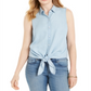 Charter Club Women's Cotton Tie Hem Sleeveless Shirt Blue Size 10