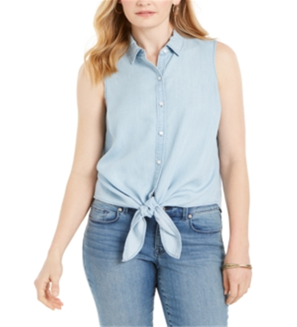 Charter Club Women's Cotton Tie Hem Sleeveless Shirt Blue Size 10