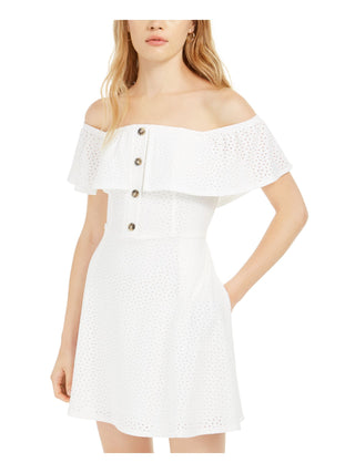 Speechless Junior's Pocketed Short Sleeve Off Shoulder Mini Fit Flare Dress White Size X-Small