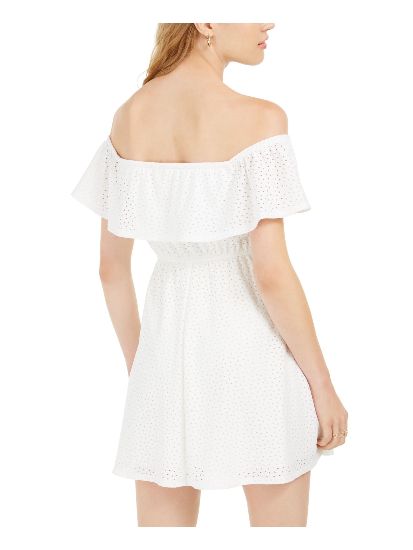 Speechless Junior's Pocketed Short Sleeve Off Shoulder Mini Fit Flare Dress White Size X-Small