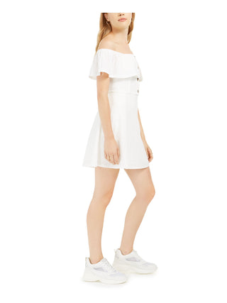 Speechless Junior's Pocketed Short Sleeve Off Shoulder Mini Fit Flare Dress White Size X-Small