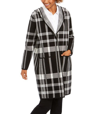 Charter Club Women's Petite Plaid Hooded Coat Black Petite XL