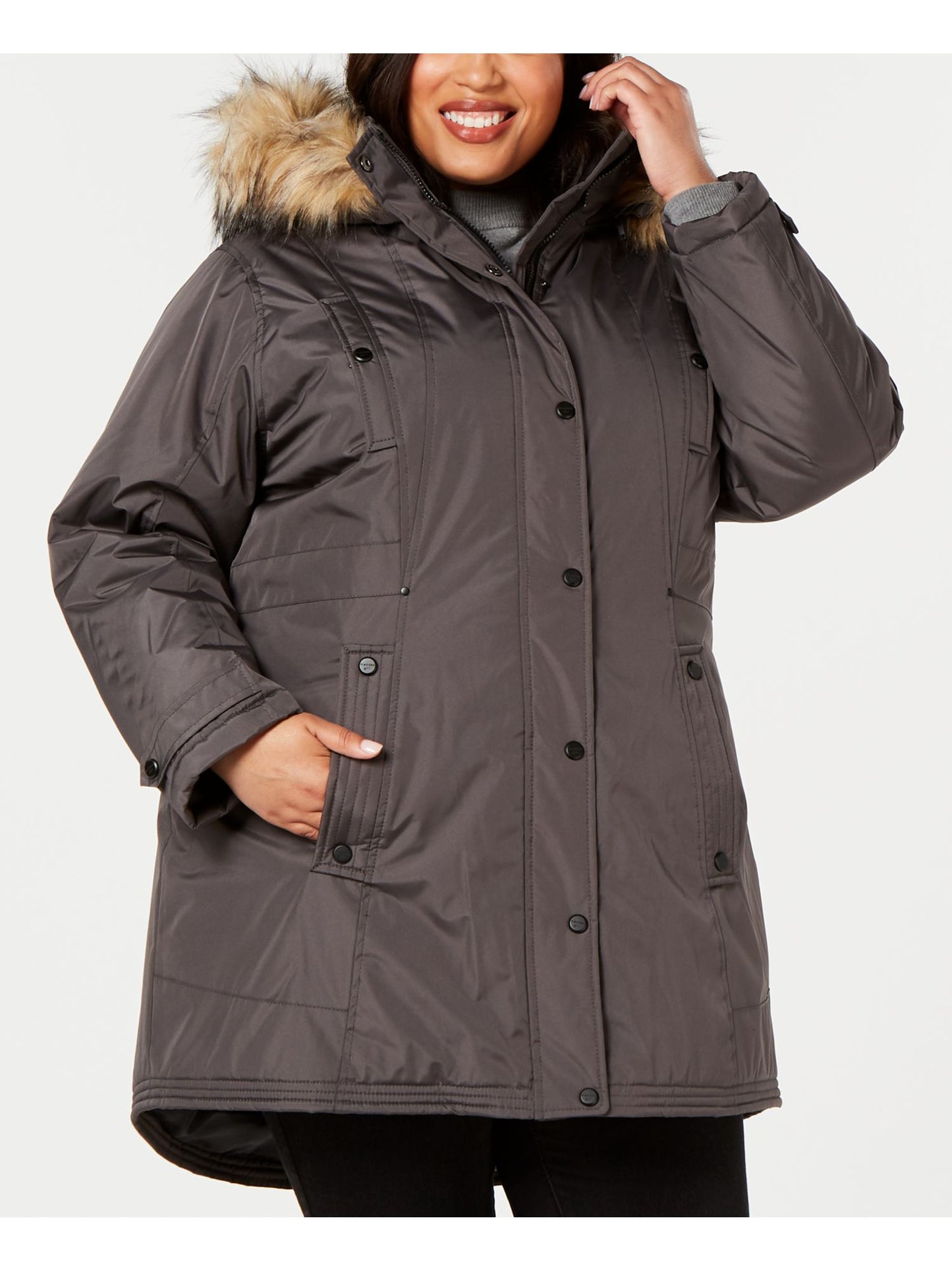 Madden Girl Women's Faux Fur Pocketed Hooded Zippered Parka Winter Jacket Coat Gray Size 1X