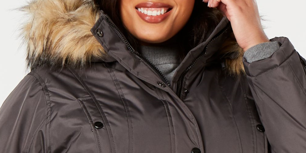 Madden Girl Women's Faux Fur Pocketed Hooded Zippered Parka Winter Jacket Coat Gray Size 1X