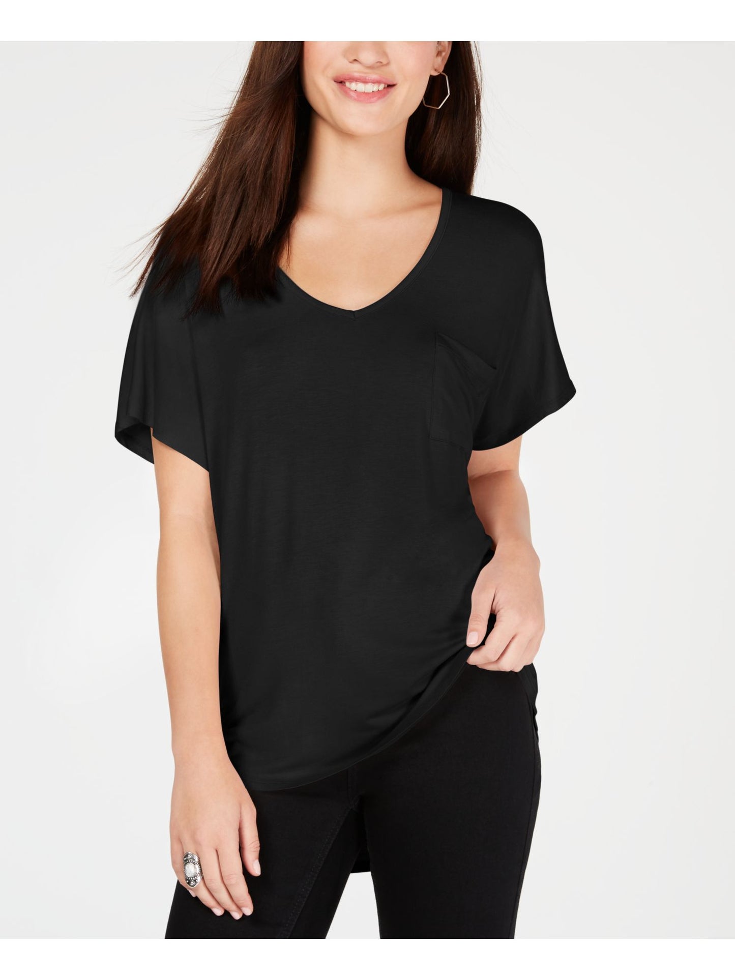 Hippoe Rose Women's Pocket at Front Short Sleeve V Neck T-Shirt Juniors Black Size S
