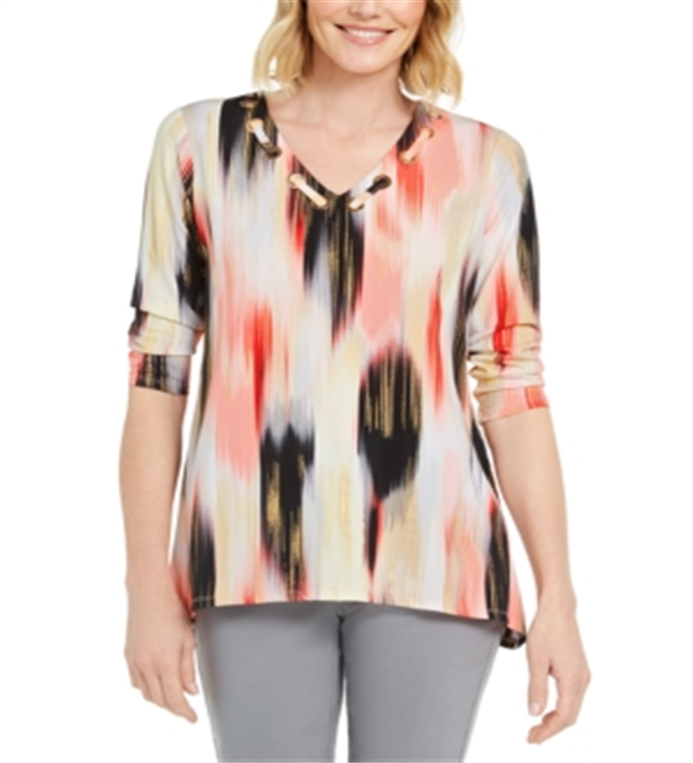 JM Collection Women's Printed Grommet Neck Top Red Size X-Small