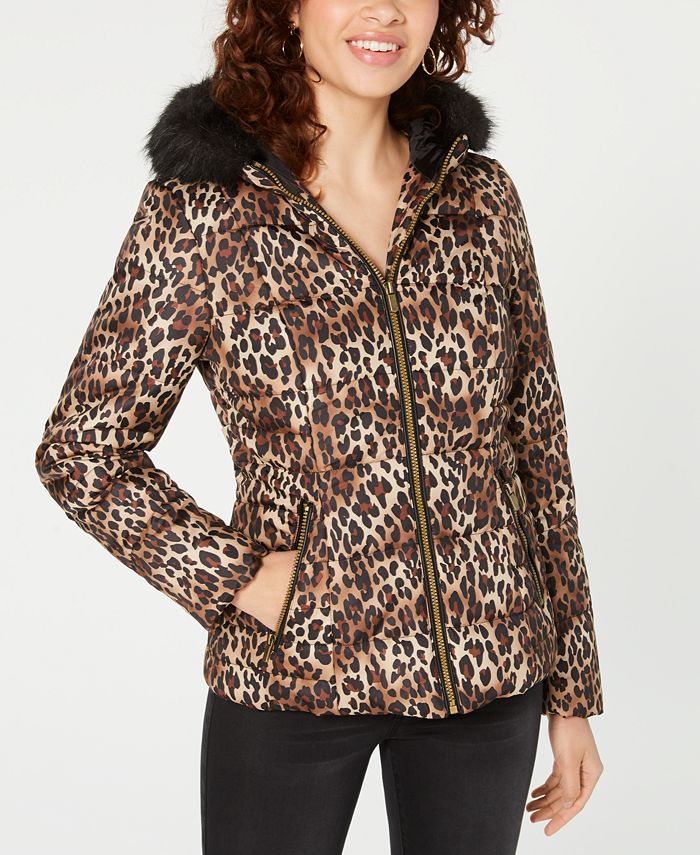 Celebrity Pink Junior's Leopard Print Puffer Coat With Faux Fur Trim Hood Brown Size XX-Large